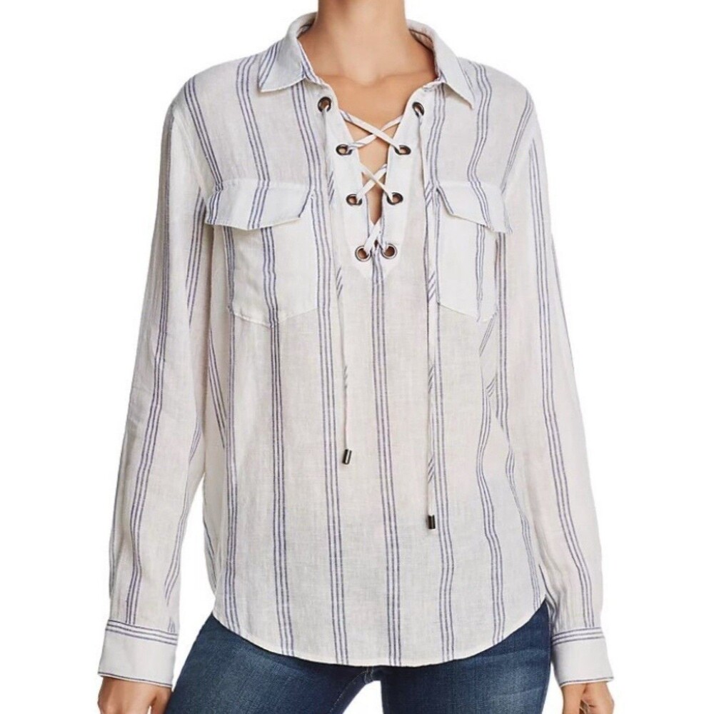 Rails White Linen-Blend Lace-Up Striped Button Front Blouse